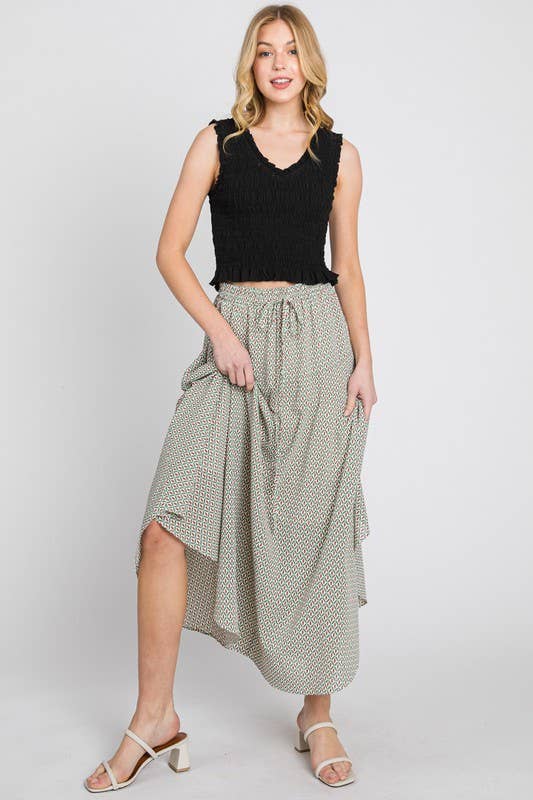 Jade and Burgundy Midi Skirt Juliana Pattern Drawstring Waist and Flared Curve Hemline