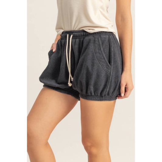 Black Drawstring Waist Bubbled Hem Shorts