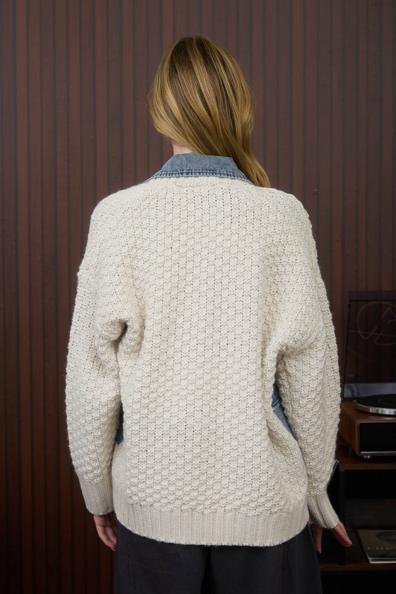 Cream Cable Knit with Denim Detail Sweater Jacket