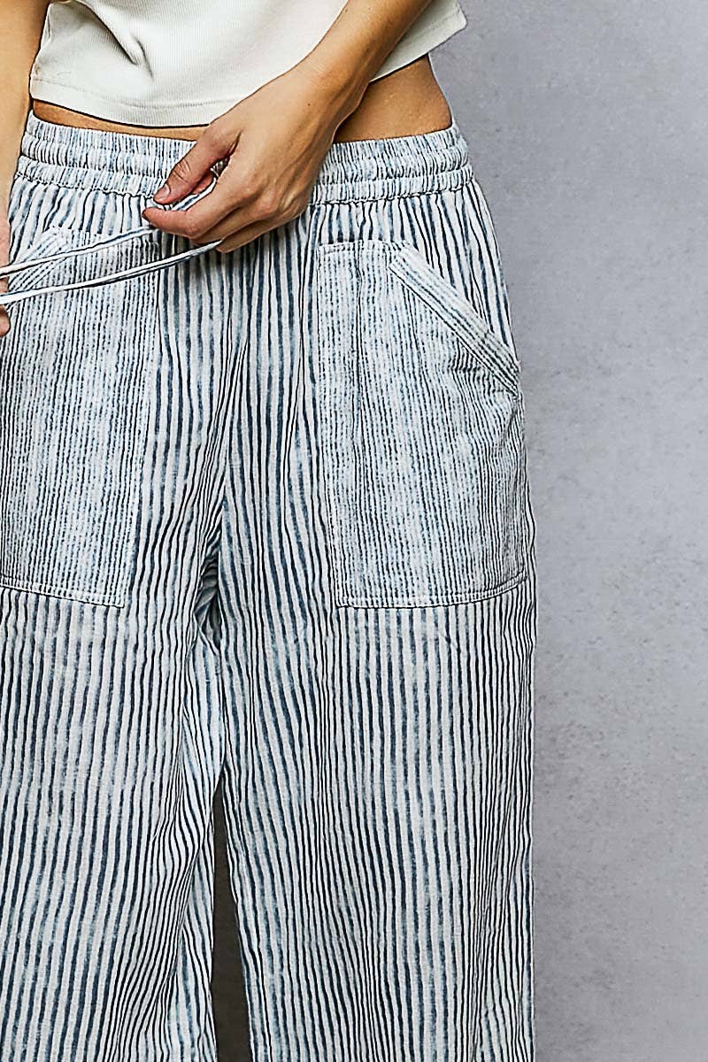 Blue Striped Big Pocket Straight Fit Pants-131018