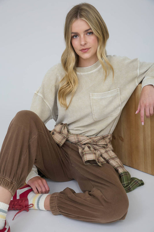 Khaki Acid Washed Ribbed Oversized Cotton Top