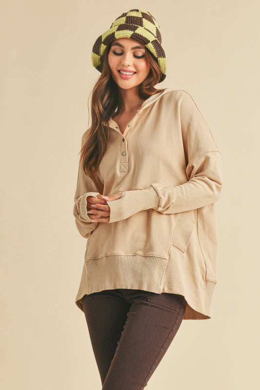 Beige Vivi Hoodie Pullover with Front Pouch Pocket and Thumb Hole Cuffs