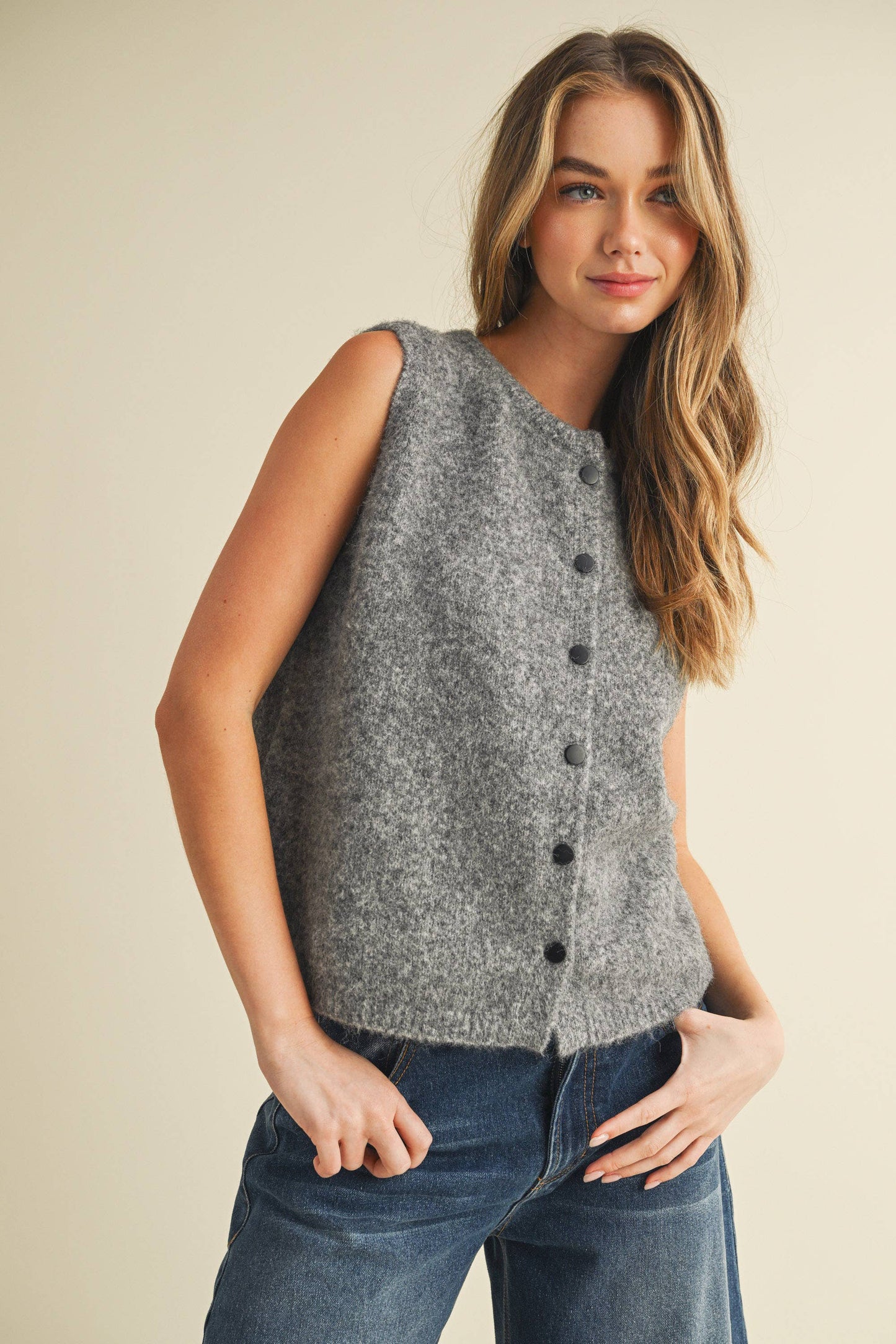 Soft Grey with Black Button Detail Sweater Vest