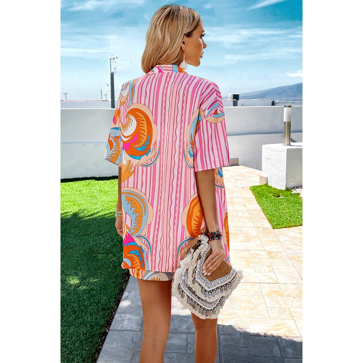 Fun Print Drop Shoulder Blouse Tie Front Shorts