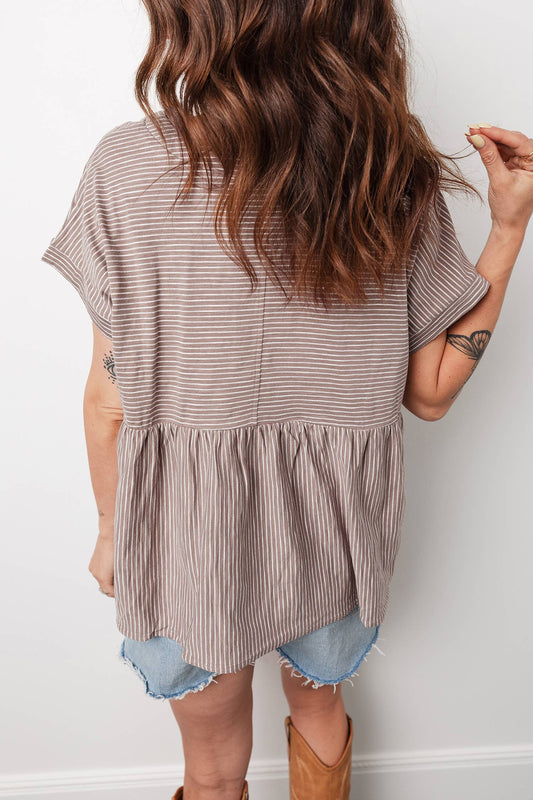 Khaki Stripe Buttoned V Neck High Low Side Slit T Shirt - 142523