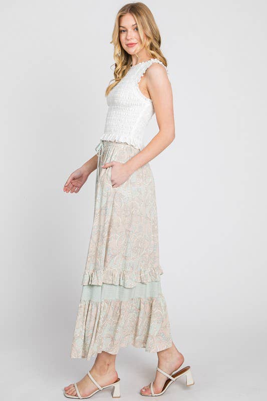 Mint and Taupe Delicate Design Block Ruffle Maxi Skirt