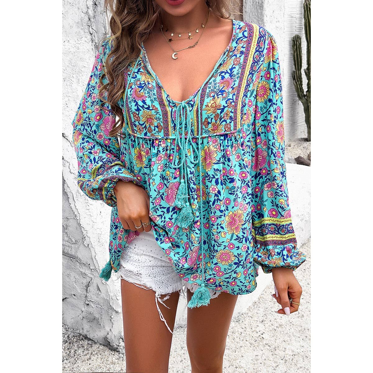 All Over Floral Print with String Tassels Deep V Boho Top