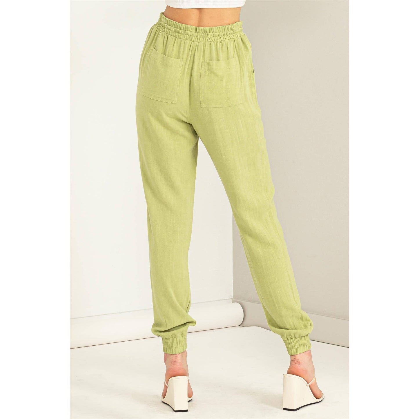 Pale Olive Green Linen Drawstring Jogger Pants