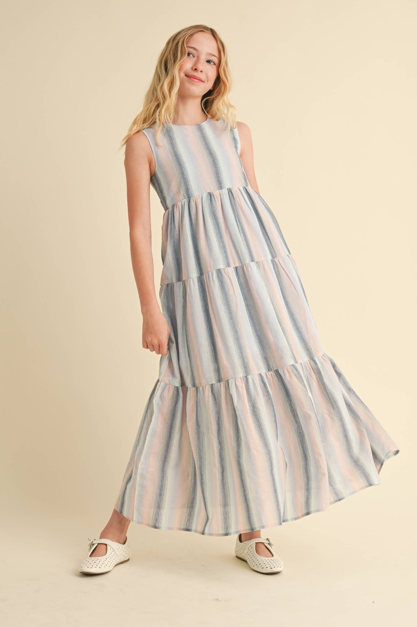 Pink and Blue Tween Tiered Maxi Dress- 173012