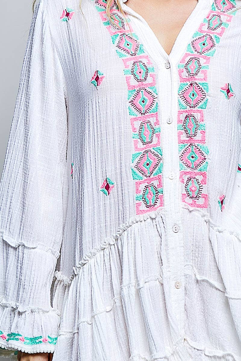 Ivory Embroidered Gauze Ruffle Button Down Dress-124040