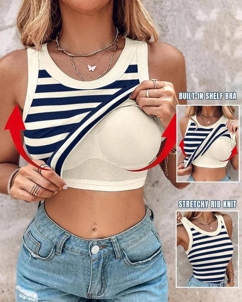Blue and Cream Striped Ribbed Padded Bra Tank- 180462