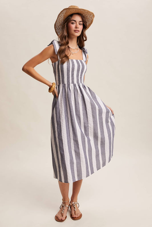 Blue and White Striped Denim Midi Dress-121051