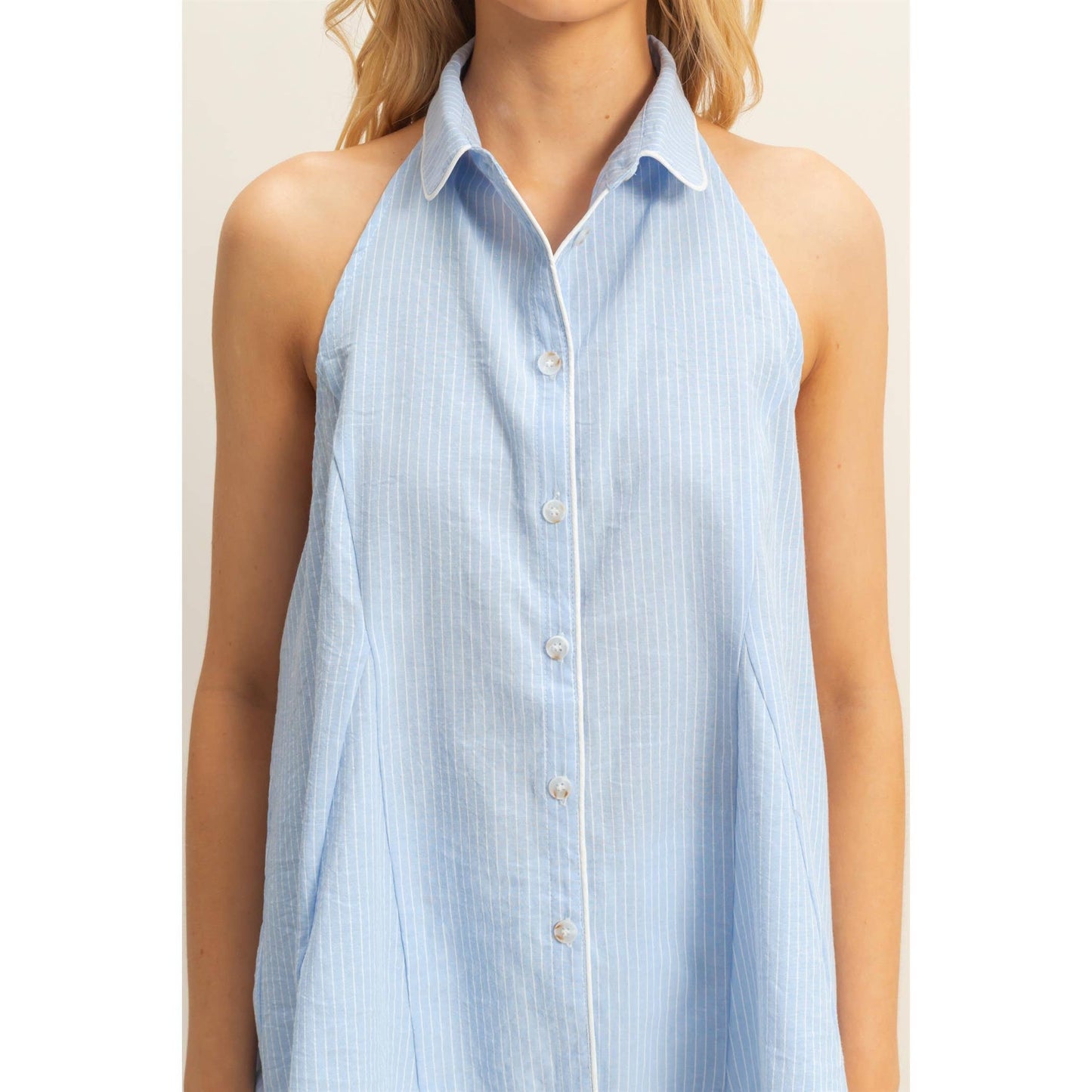 Relaxed Fit Soft Blue Buttoned Down Striped HalterTop
