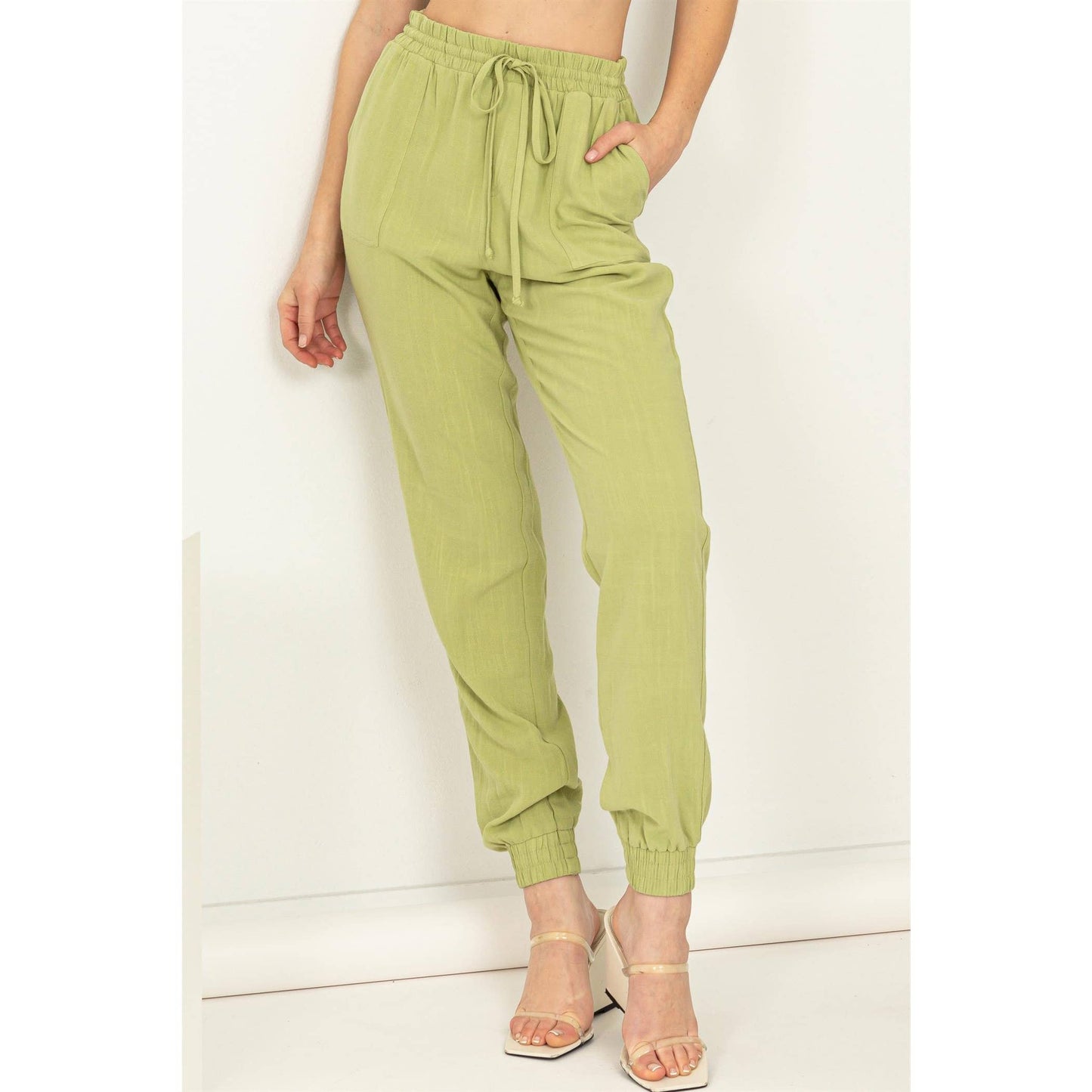 Pale Olive Green Linen Drawstring Jogger Pants