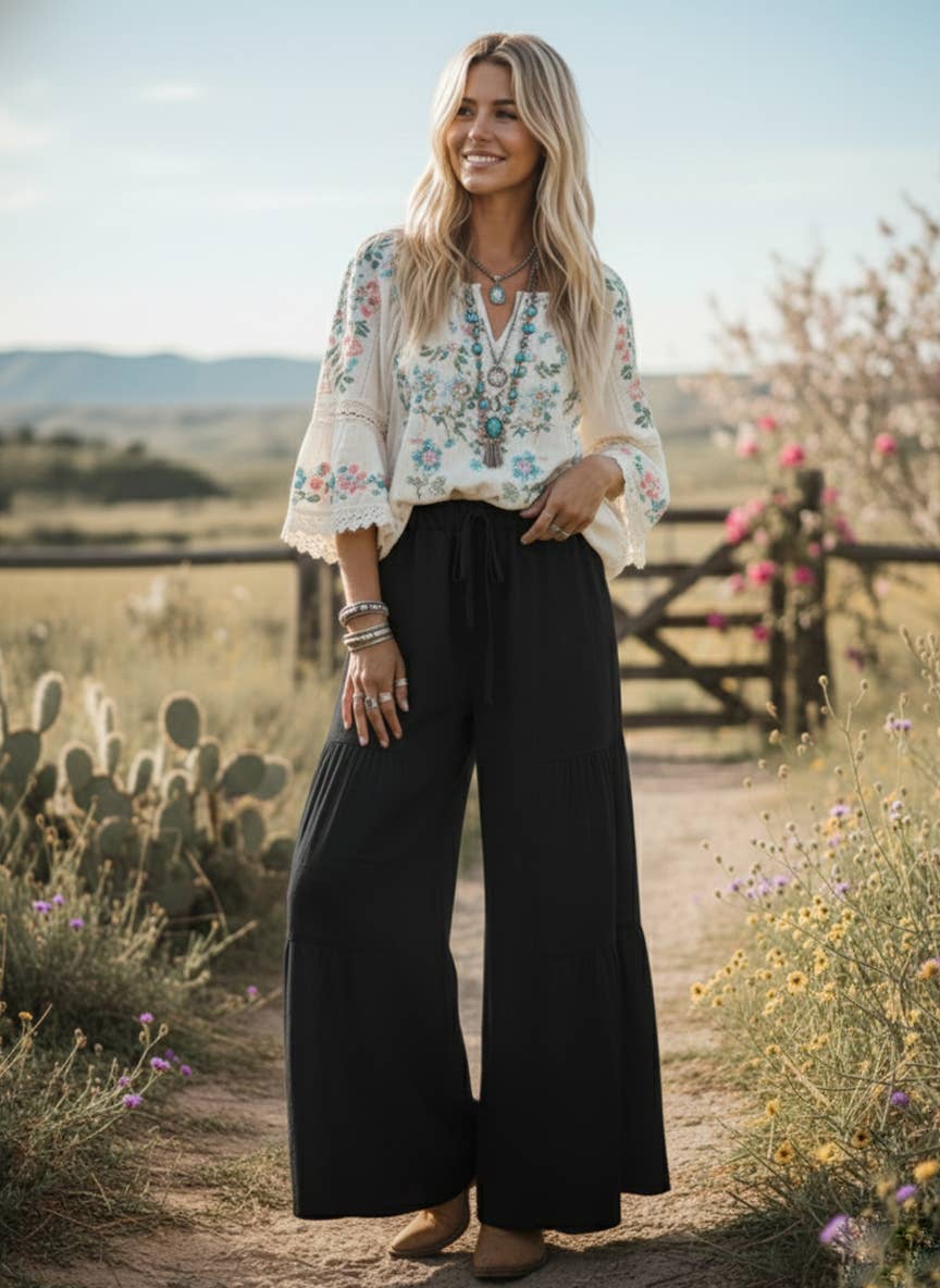Black Linen Blend Wide Leg Palazzo Pants-132214