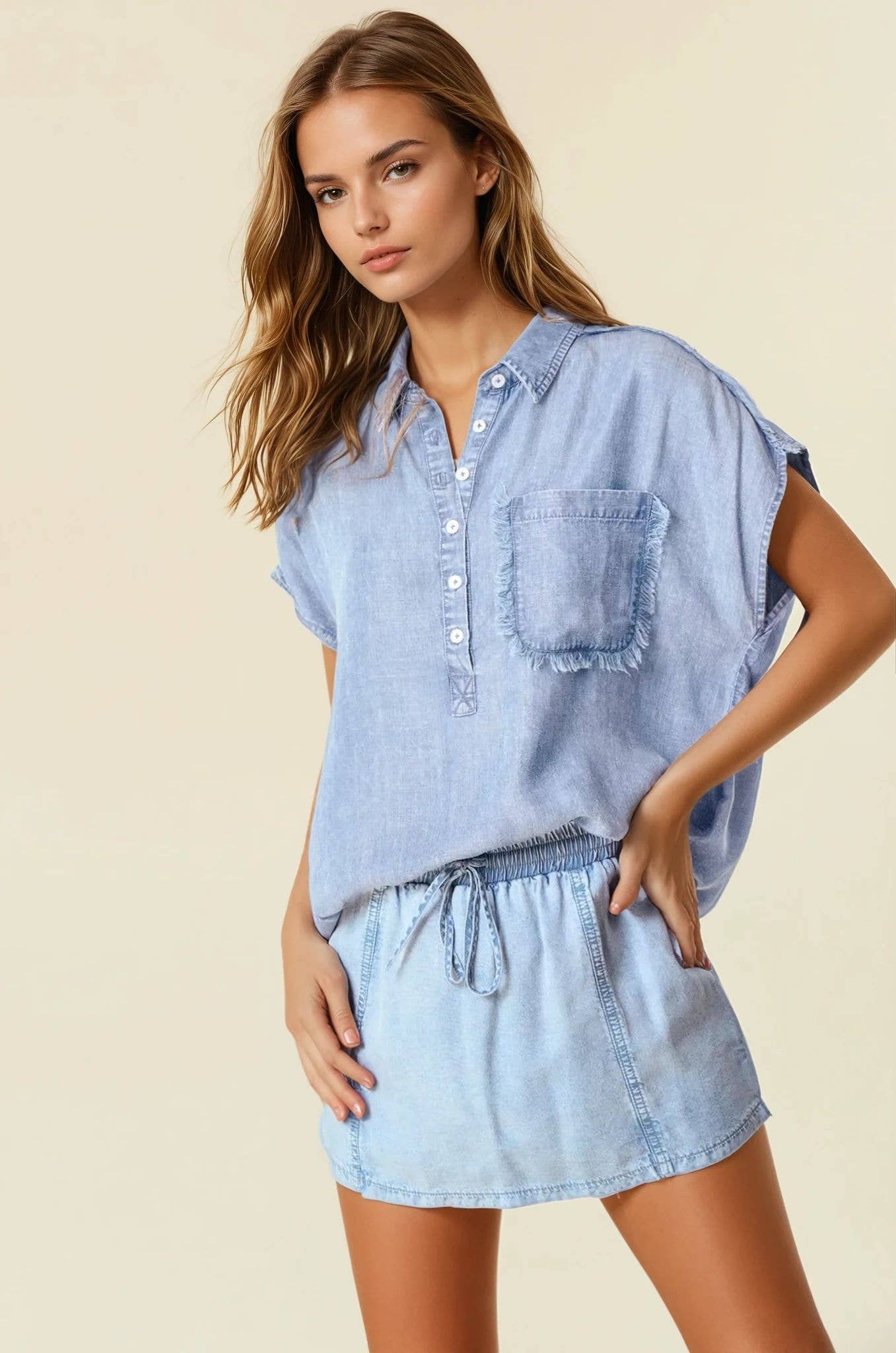 Collared Henley Frayed Denim Dolman Sleeve Top