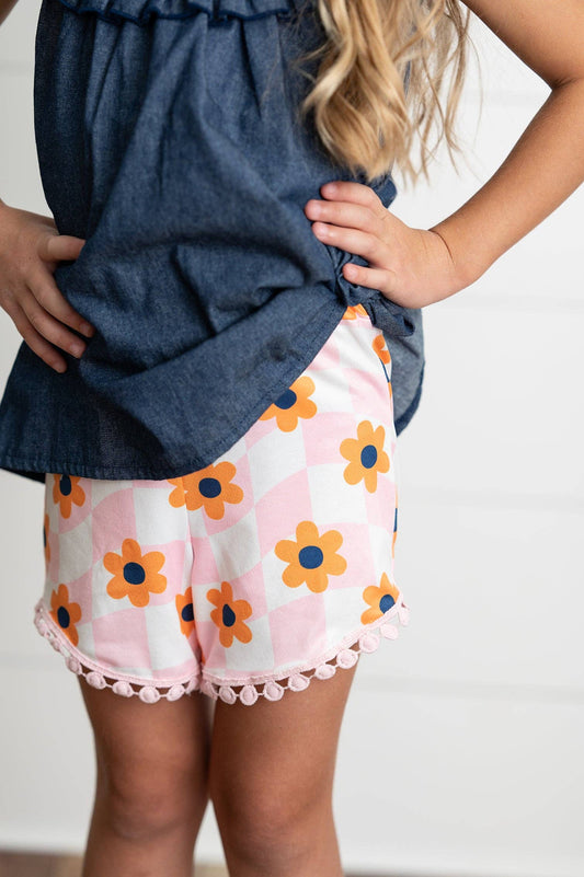 Girls Dark Denim Ruffle Top & Retro Flower Check Short Set-171428