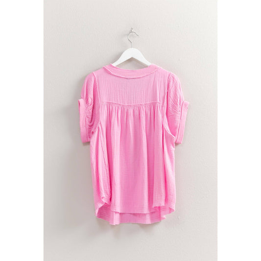 Soft Cotton Gauze Short Sleeve Flirty Button Down Blouse