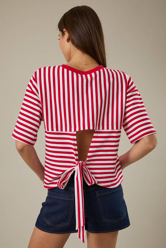 Red and White Stripe Boxy Tee w/ Cutout Open Tie Back-148088