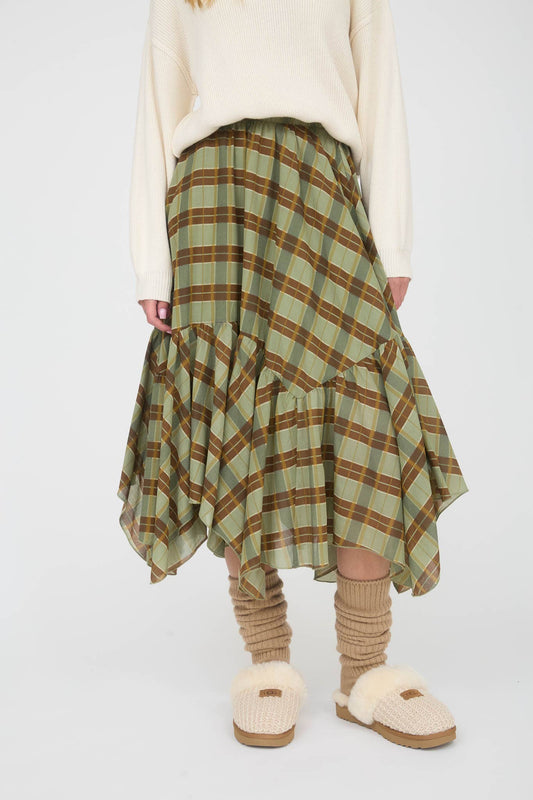 Green Plaid Ruffle Handkerchief Hem Midi Skirt