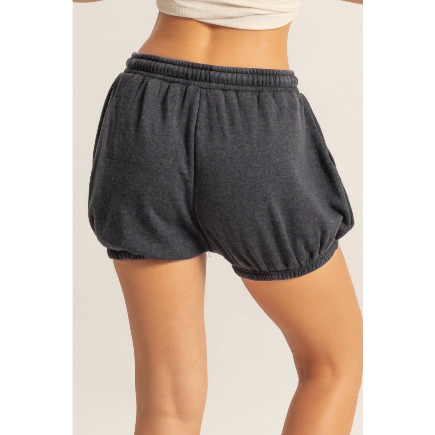 Black Drawstring Waist Bubbled Hem Shorts