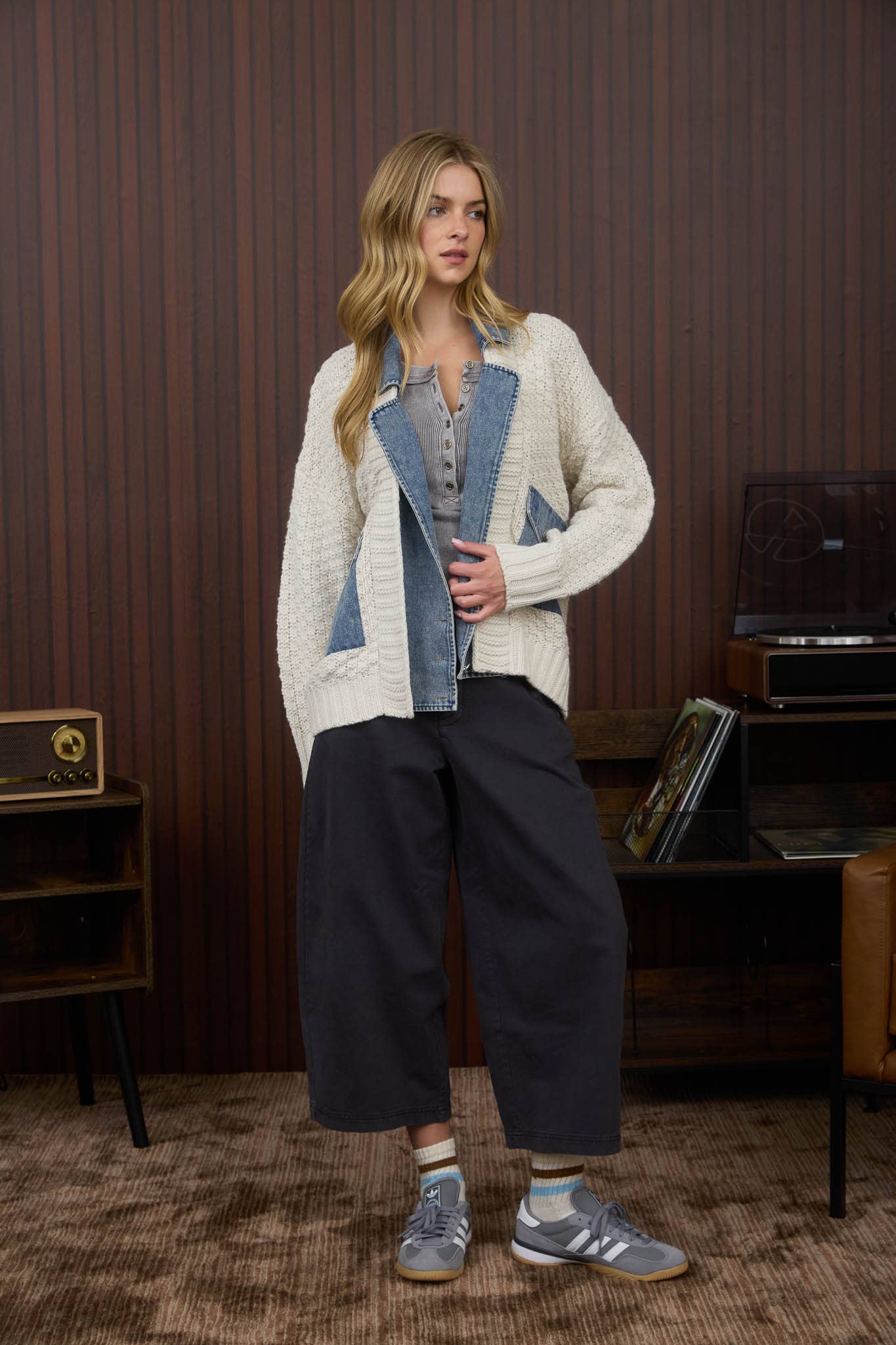 Cream Cable Knit with Denim Detail Sweater Jacket
