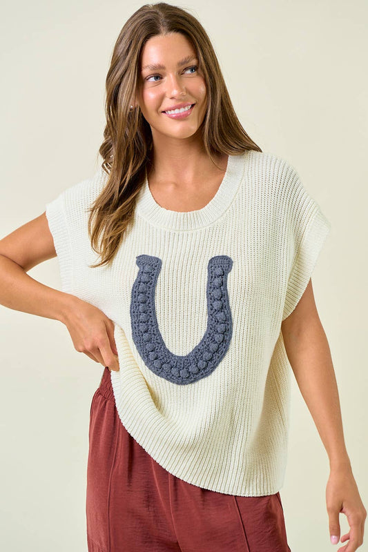 Cream and Blue Horseshoe Ribbed Sweater Vest