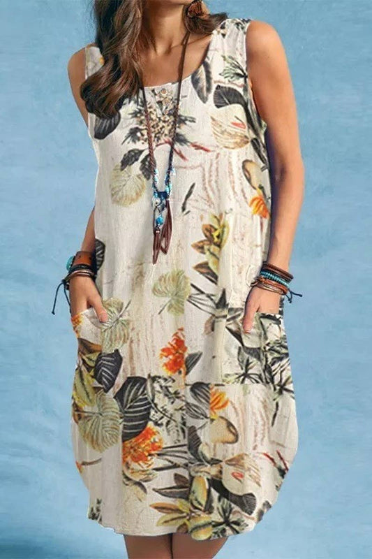 Cream Fall Garden Shift Dress with Front Large Pockets