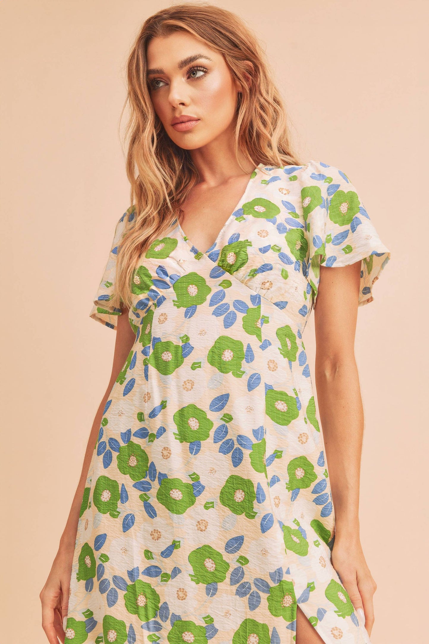 Cream w/ Green Floral Inessa Dress-124109