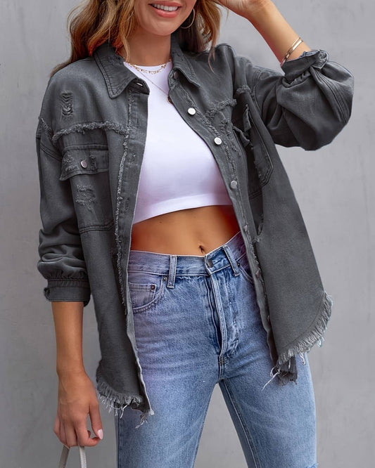 Grey Distressed Loose Denim Jacket-166134