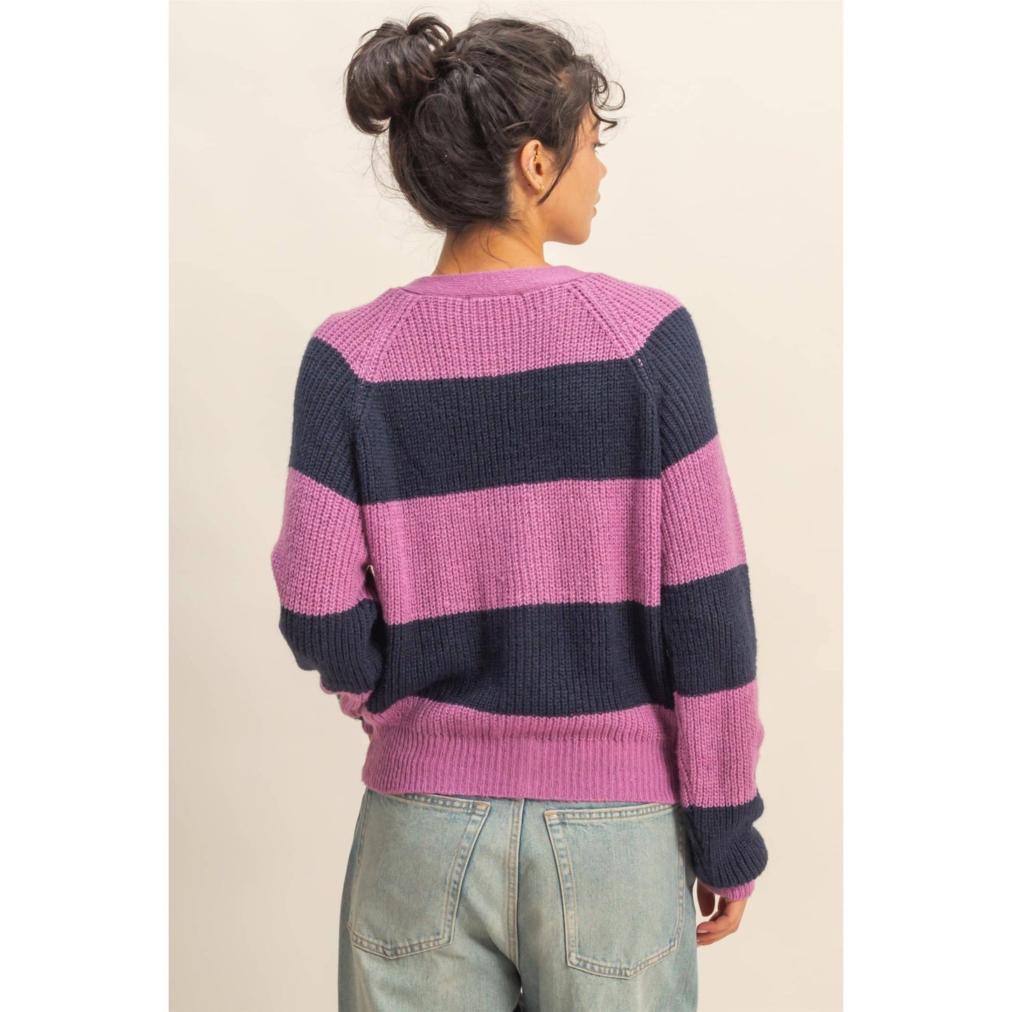 Navy and Purple Striped Button-Front Cardigan