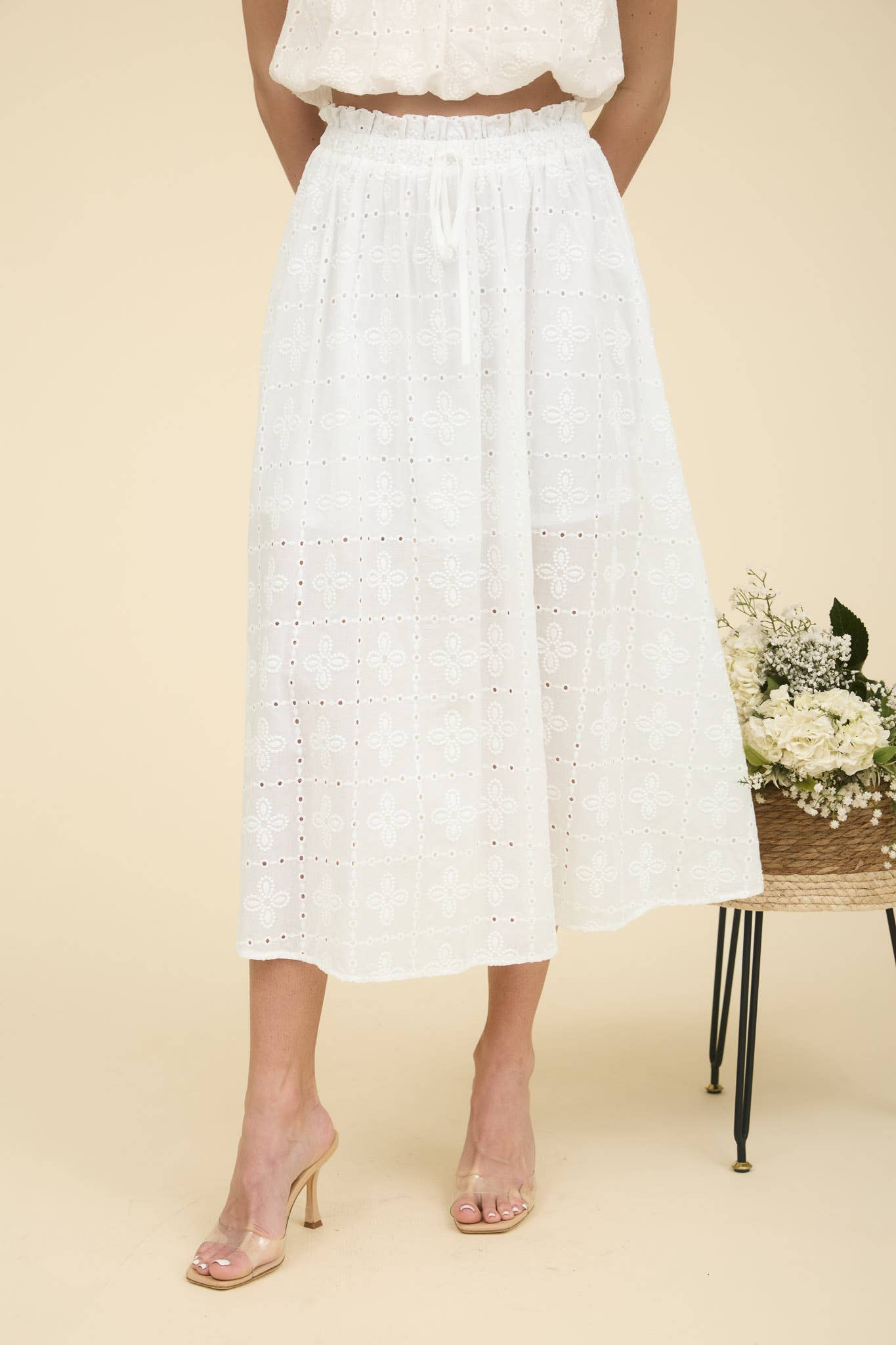 White Cotton Eyelet Ruffled Lined Midi Skirt