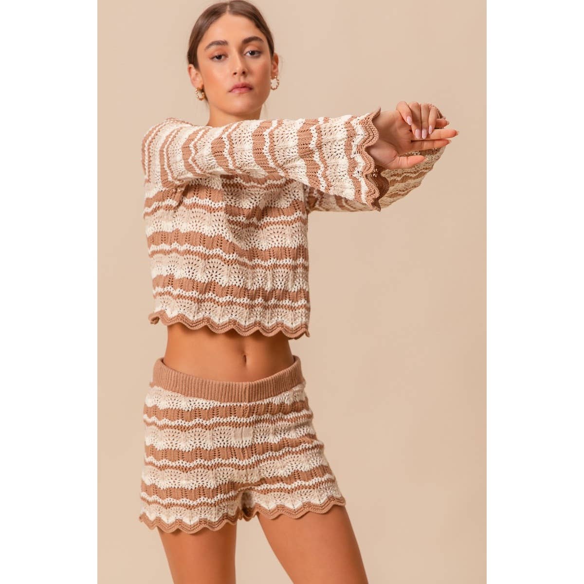 Black Combo Crochet Knitted Scallop Edge Top- 141137