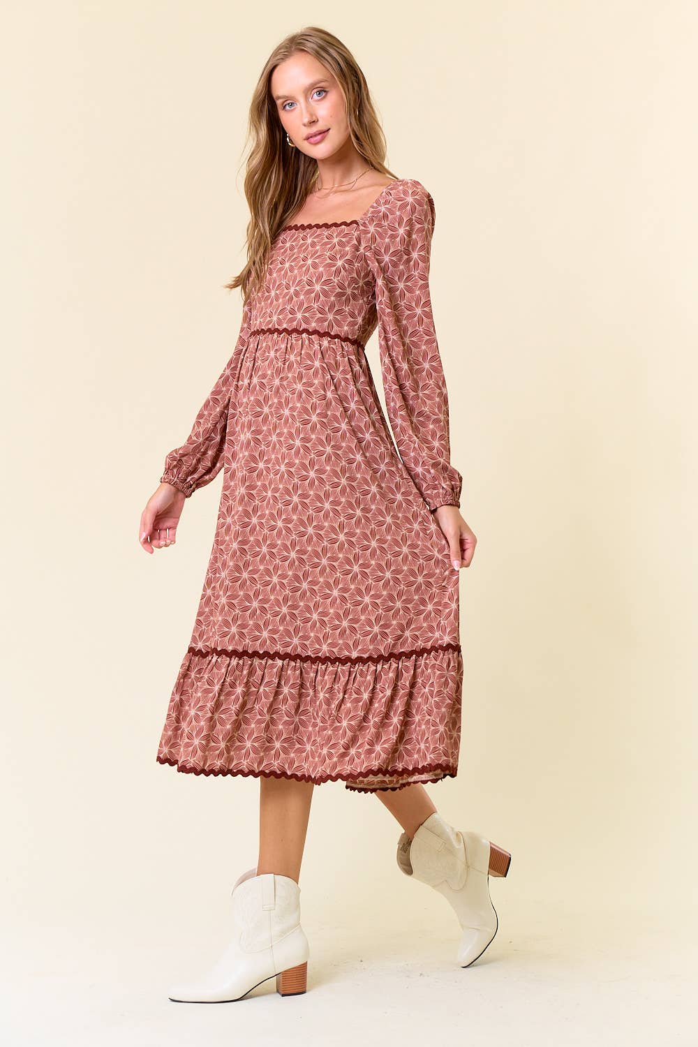 Floral Terra Cotta Square Neck Lace Tiered Midi Dress