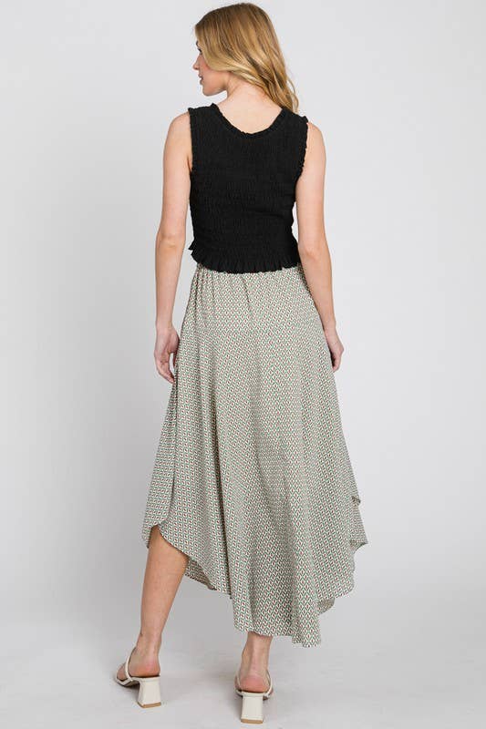 Jade and Burgundy Midi Skirt Juliana Pattern Drawstring Waist and Flared Curve Hemline