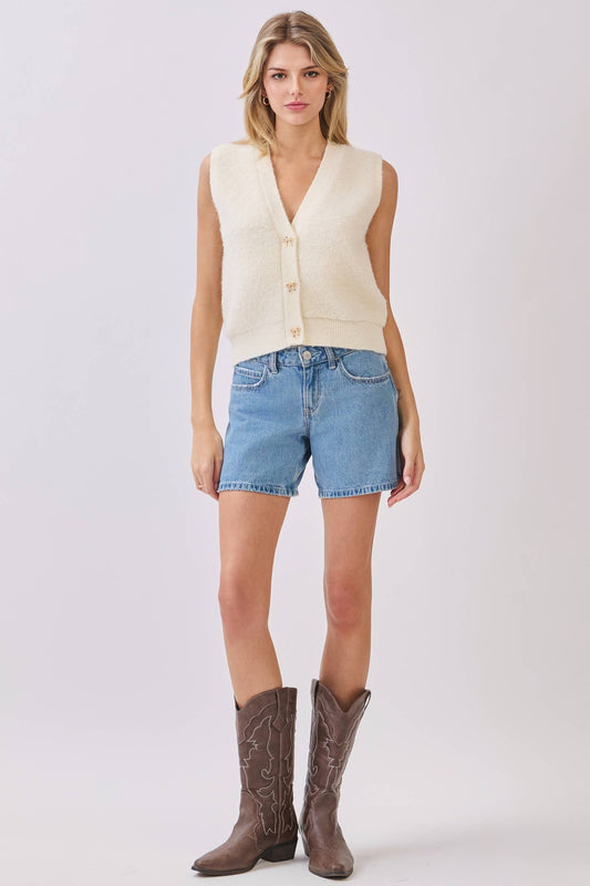 Ivory Fuzzy Sweater Vest with Gold Bow Buttons
