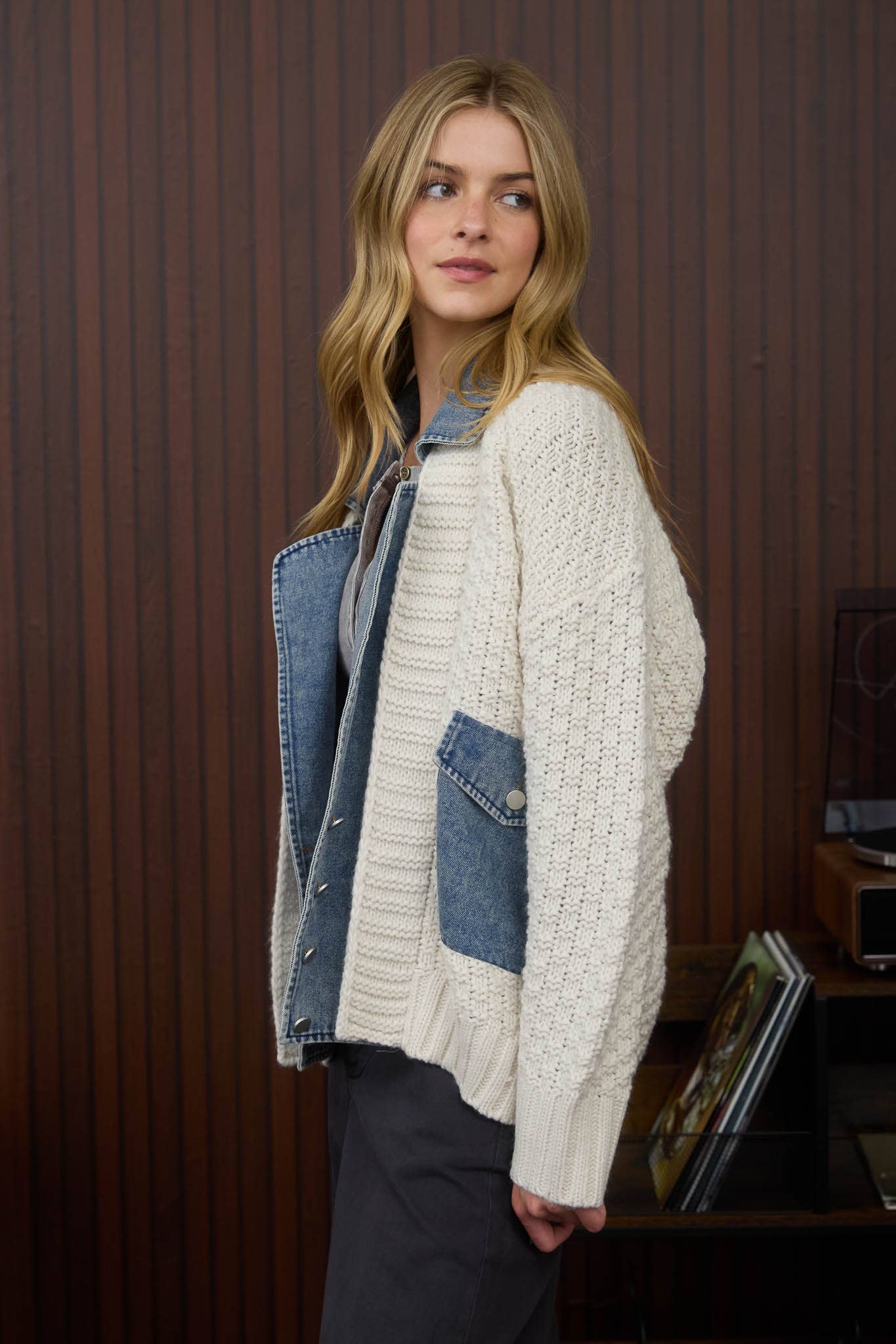 Cream Cable Knit with Denim Detail Sweater Jacket