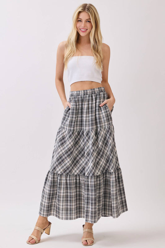 Boho Plaid Tiered Midi Skirt