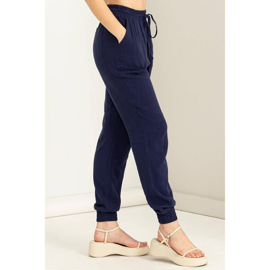 Dark Blue Linen Drawstring Jogger Pants