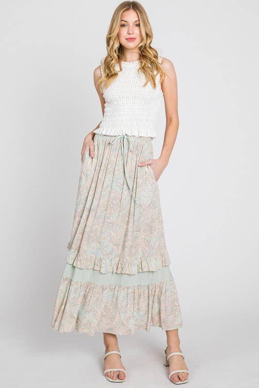 Mint and Taupe Delicate Design Block Ruffle Maxi Skirt
