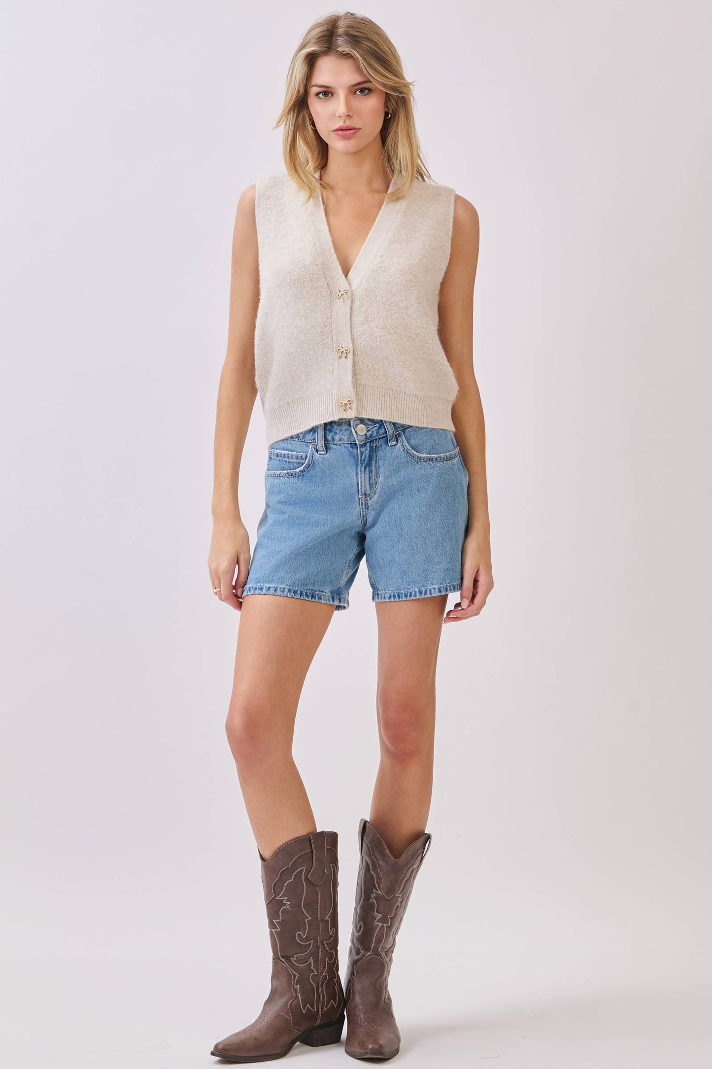Ivory Fuzzy Sweater Vest with Gold Bow Buttons