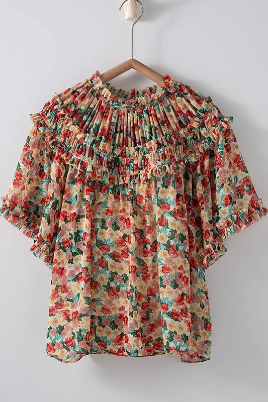 Aurora of Ruffle and Color Short Sleeve Blouse