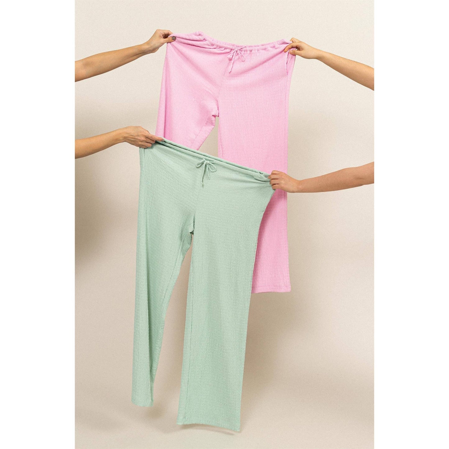 Soft Mint Crinkle Knit Wide Leg Drawstring Pants