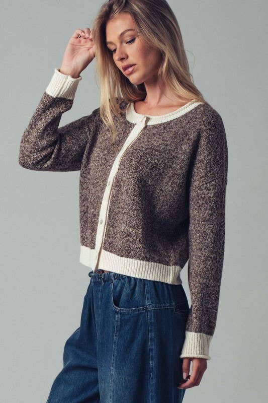 Cream Detail Mocha Soft Knit Button-front Cardigan Sweater