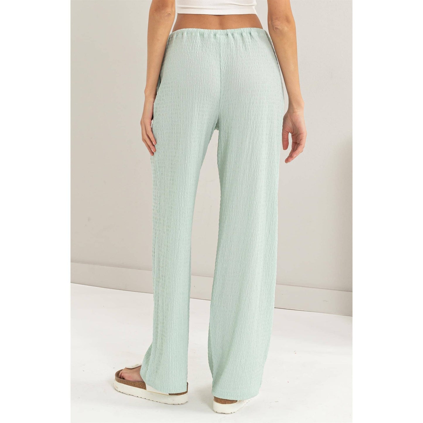 Soft Mint Crinkle Knit Wide Leg Drawstring Pants
