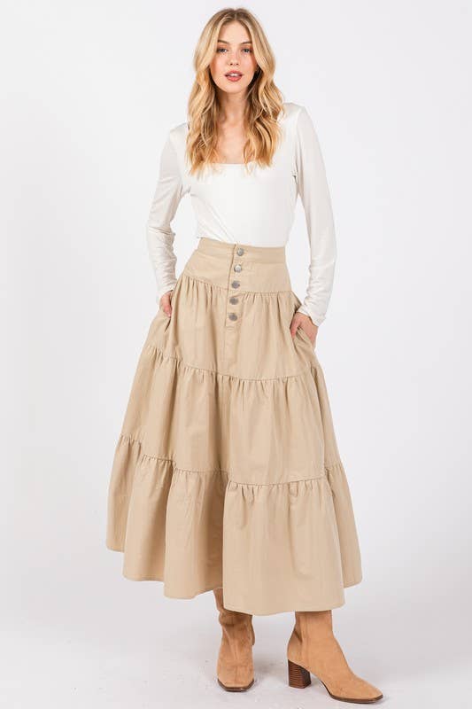 Beige Tiered Cotton Maxi Skirt W/ Button Detailed Front