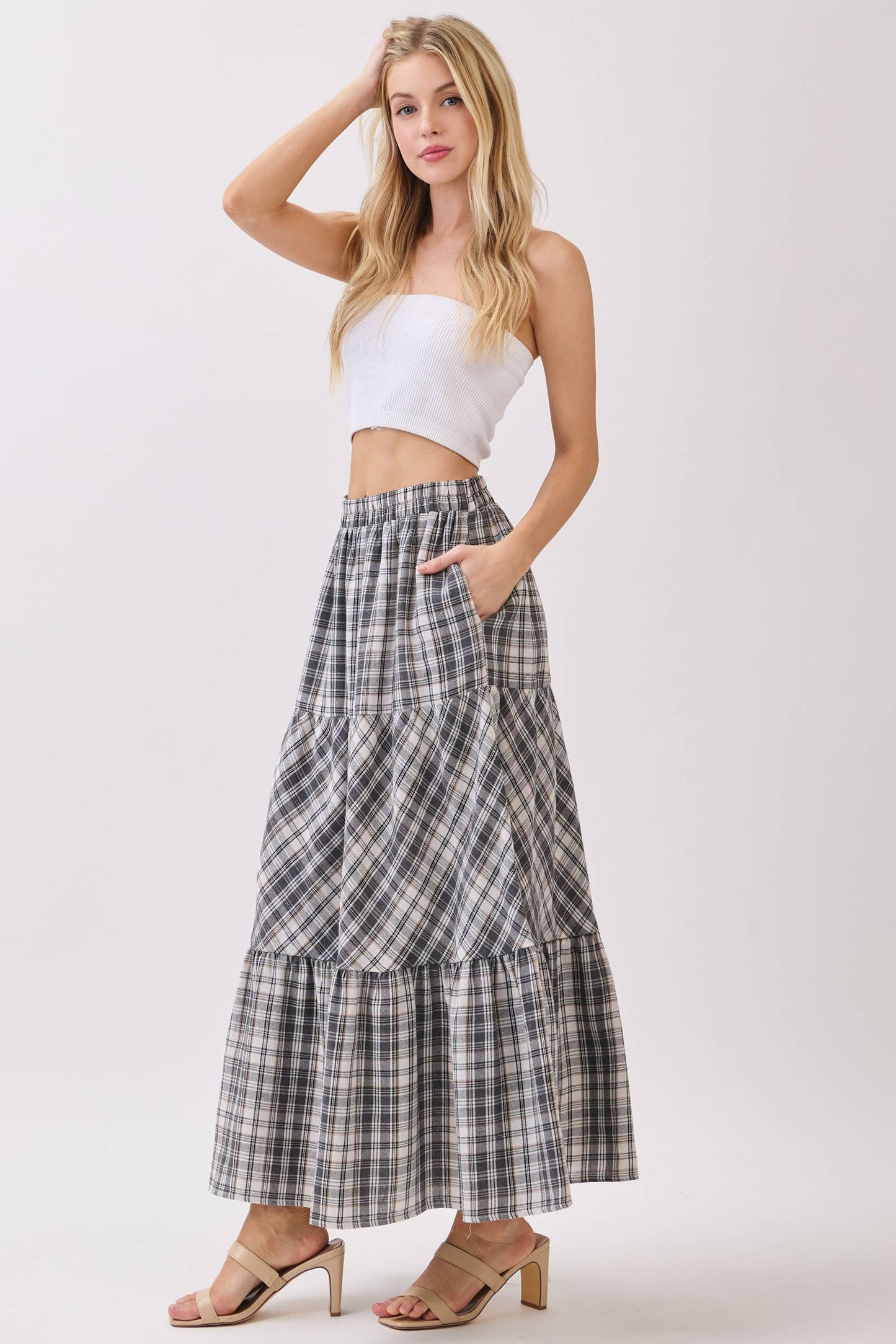 Boho Plaid Tiered Midi Skirt