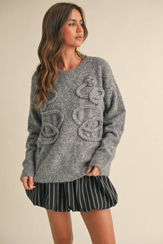 Grey Oversized Soft Vine Detailed Sweater