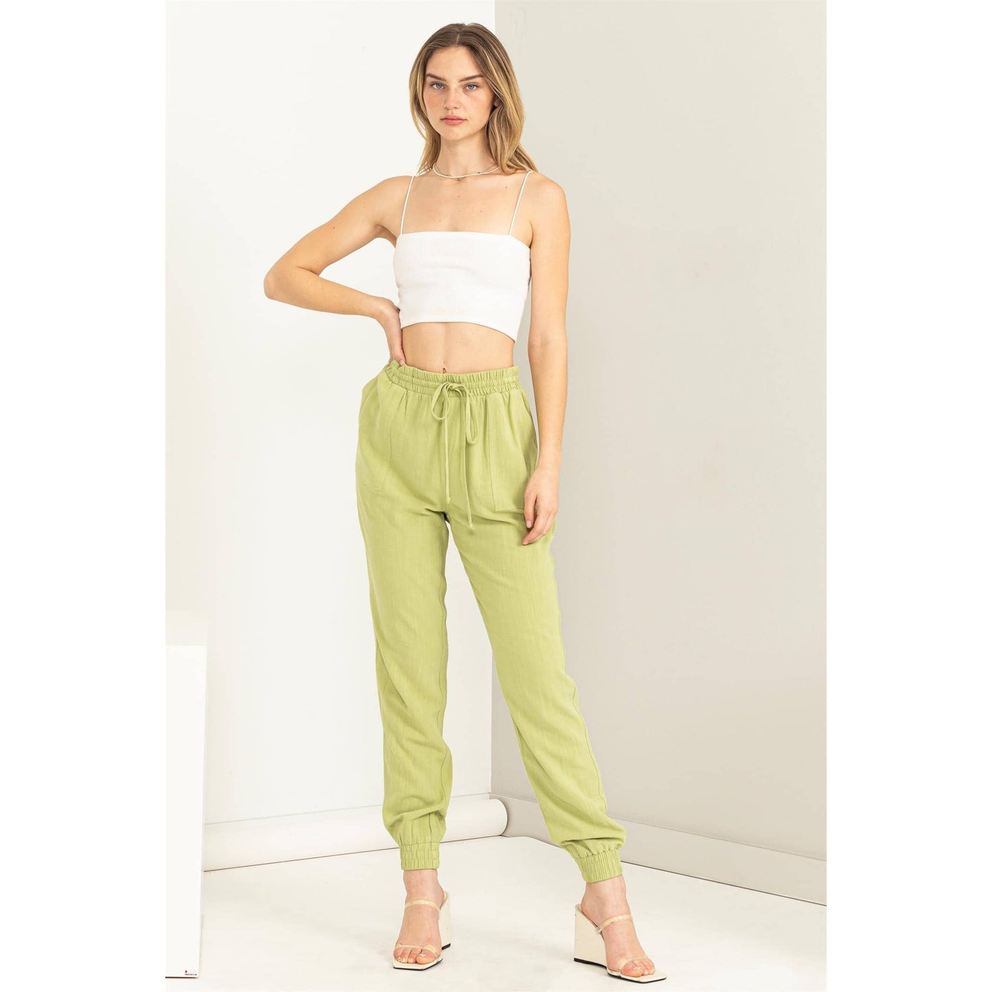 Pale Olive Green Linen Drawstring Jogger Pants