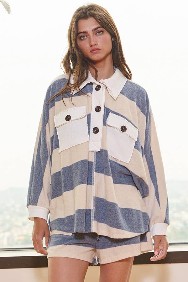 Blue and Cream Drawstring Waist Stripe Print Brush Knit Shorts